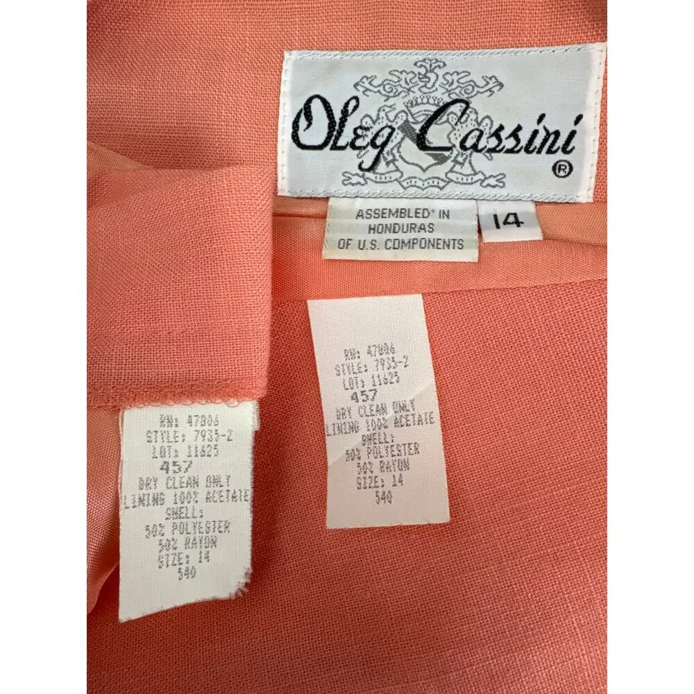 1980s Oleg Cassini peach two piece skirt suit size 10